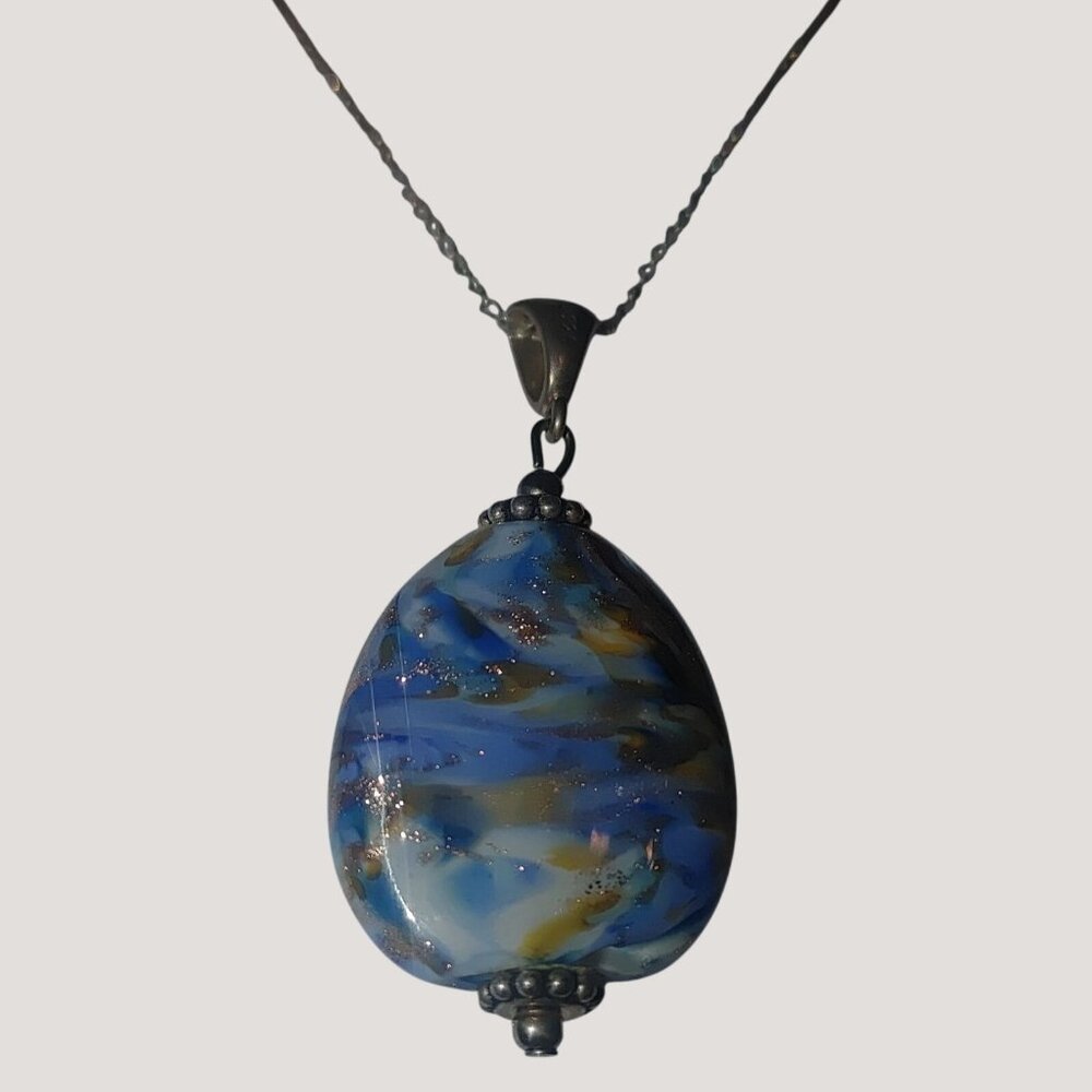 925 Handcrafted Murano Blue Gold Glass Pendant Necklace  Sterling Silver Chain